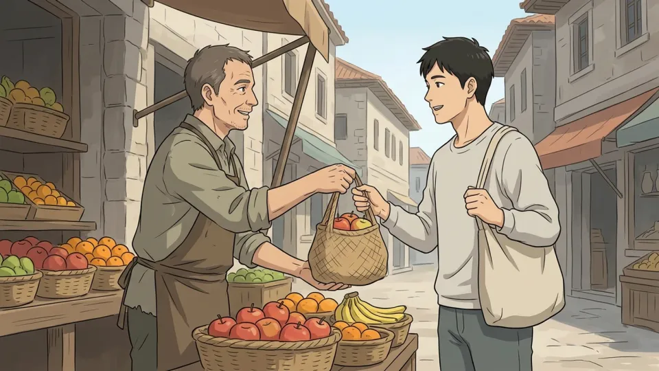海外で現地の人と交流する男性のイラスト