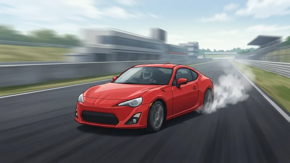 直線コースを力強く加速して走り去る赤いスポーツカー。