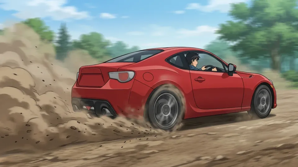 加速して走り出す赤いスポーツカー