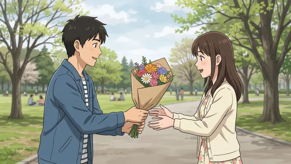 男性から花束を受け取る女性