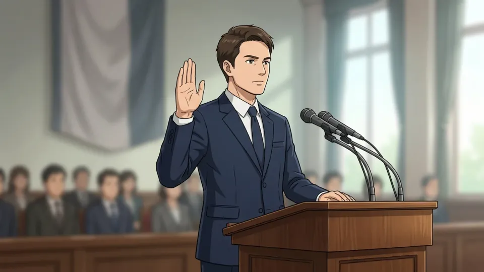 演壇で就任の宣誓をしている人物のイラスト