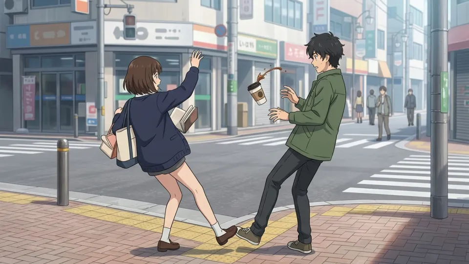 街角で偶然出会って驚く二人の様子