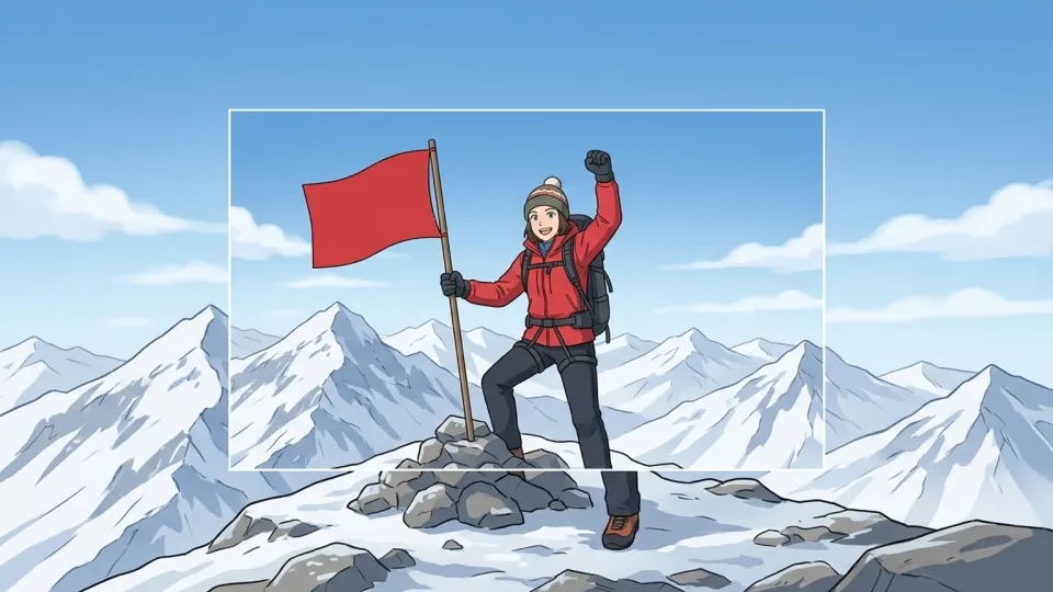 山頂に旗を立てて目標を達成した登山者