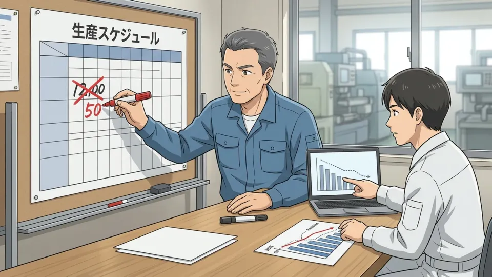 需要減を受けて工場長が生産量を下方修正している