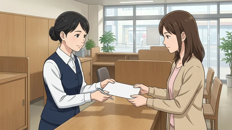 銀行の窓口で手続きをしている様子