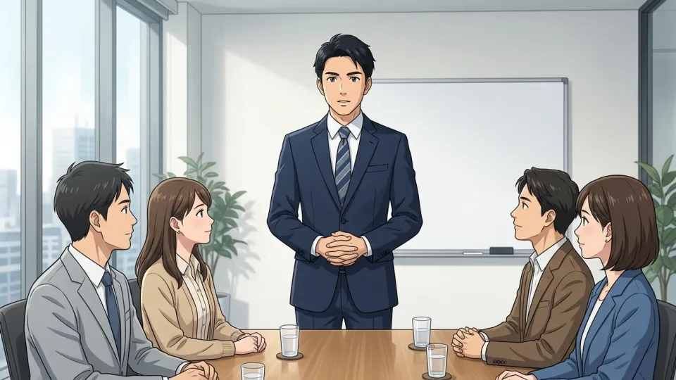 会議室で同僚に向かって説明責任を果たそうとする人物のイラスト