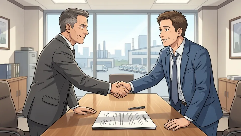 二社の代表者が買収契約書を前に握手している場面