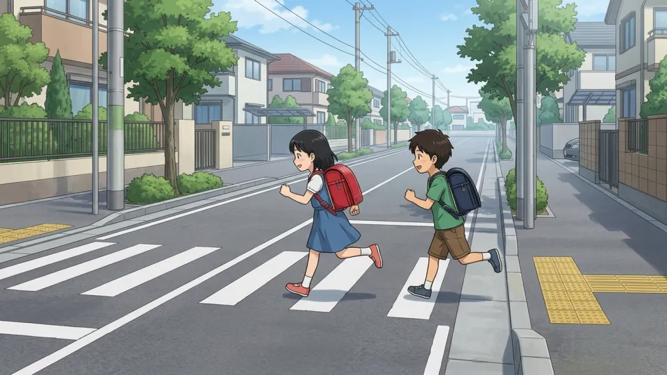 通りを横切って走る子供たち