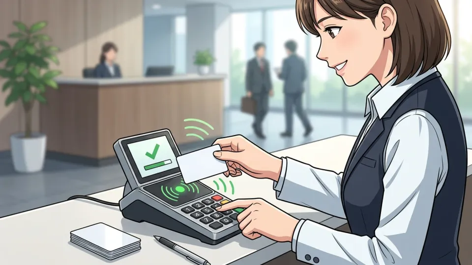 端末で新しい入館カードを有効化する従業員