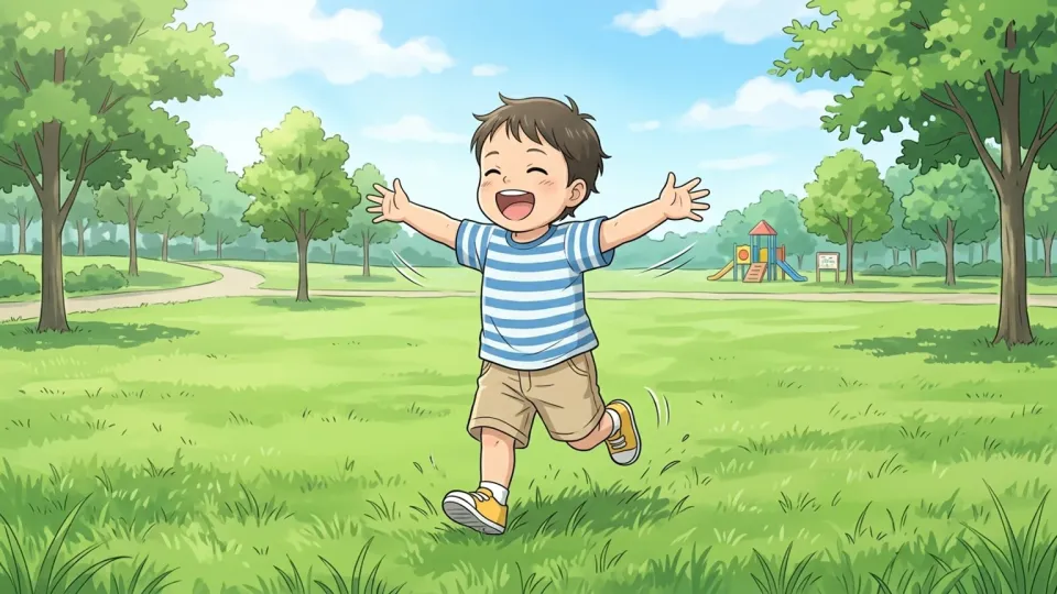 公園で元気に走り回る活動的な幼児。