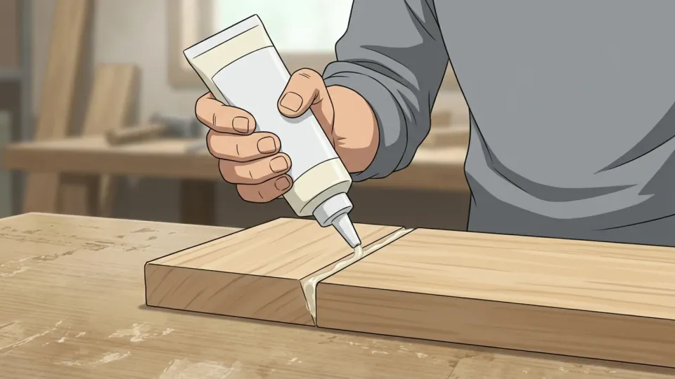 木片同士を接着剤でくっつけている様子