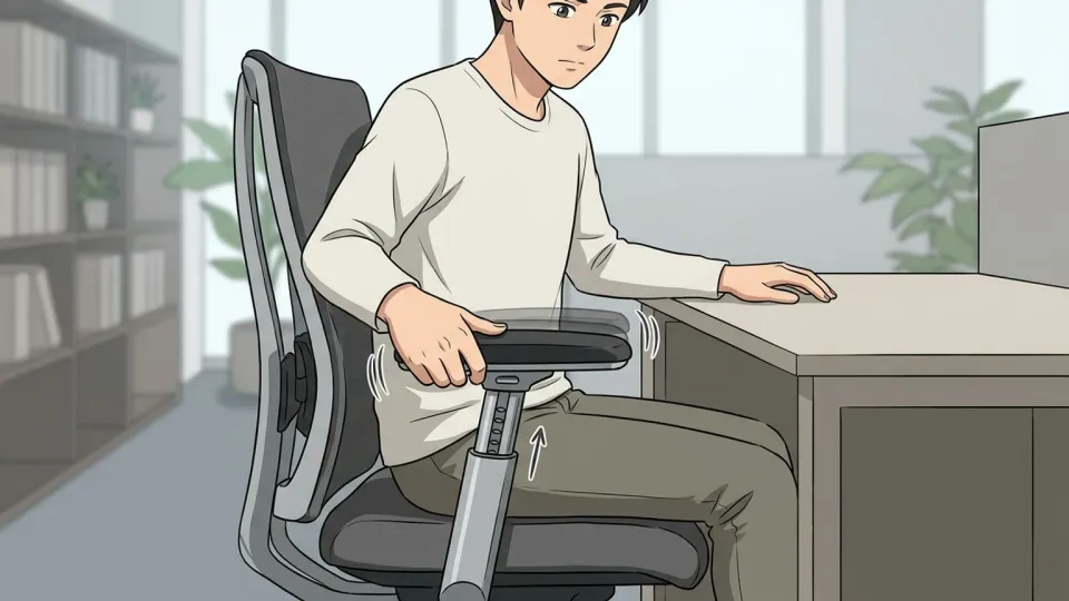 オフィスチェアのひじ掛けの高さを調整している手