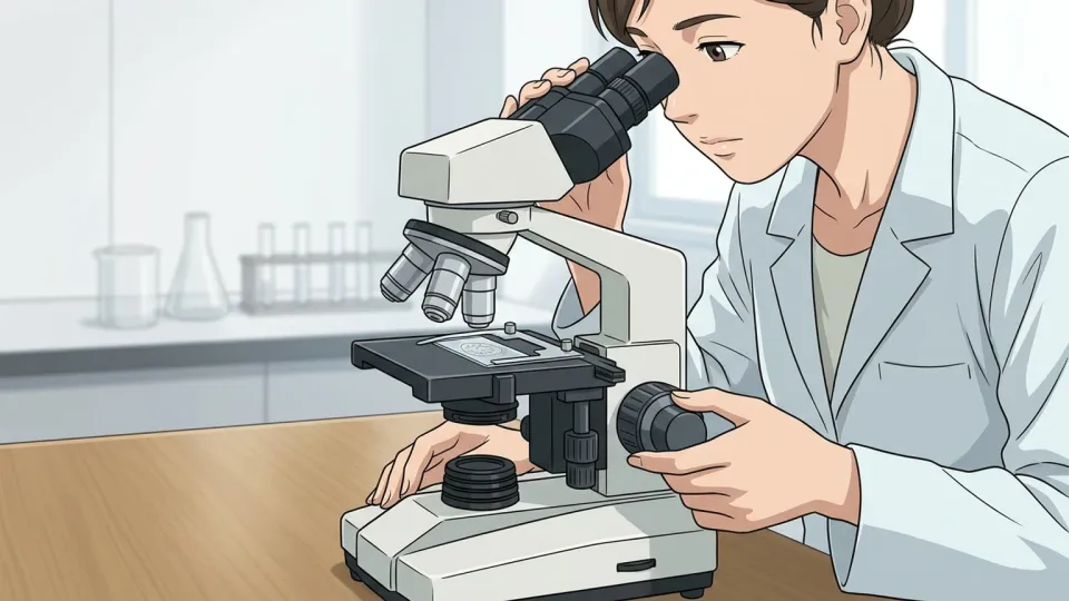 顕微鏡の焦点を手で細かく調整している場面