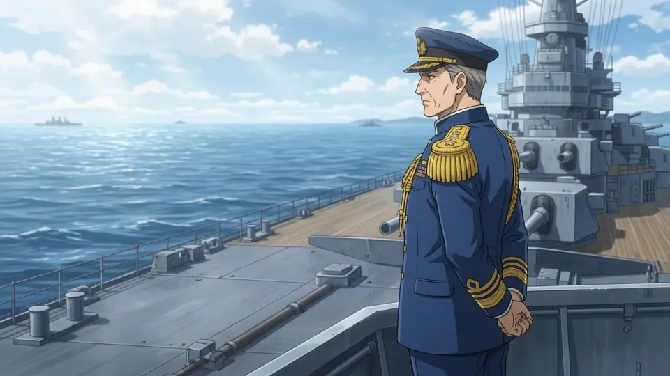 旗艦の甲板に立つ海軍提督