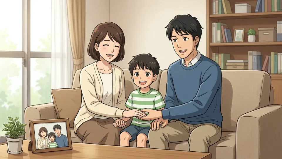 養子縁組の成立を喜ぶ家族のイラスト