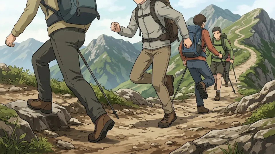 山道を前進するハイカーたち