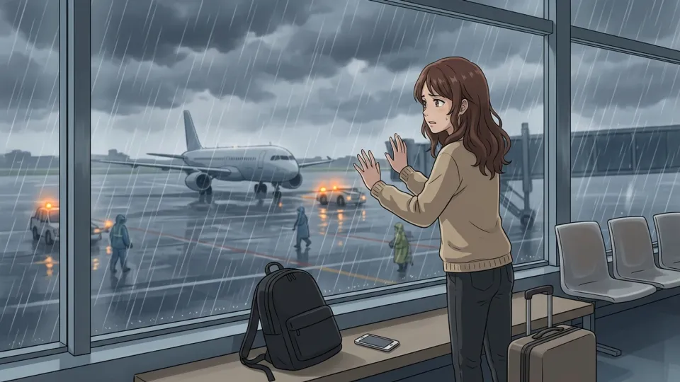 激しい雨と風が吹き付ける空港の窓から外を見つめる乗客
