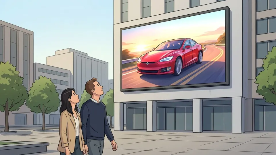巨大なスクリーンに自動車の映像を映し出して宣伝している様子