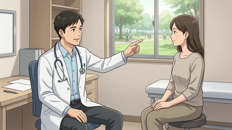 医師が患者に健康のための運動を勧めている場面。