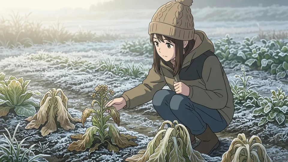 霜の降りた畑で萎れかけた農作物