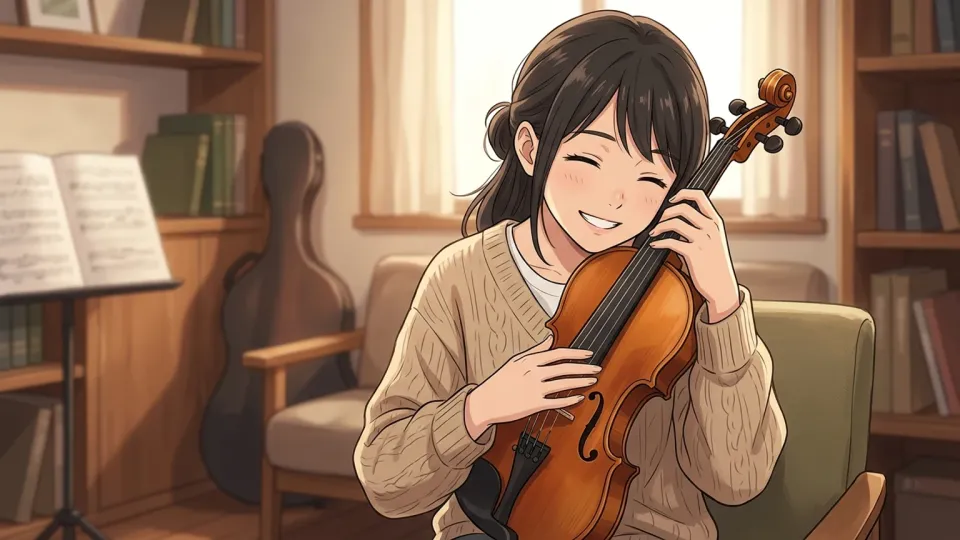 バイオリンを大切そうに抱え微笑む女性のイラスト