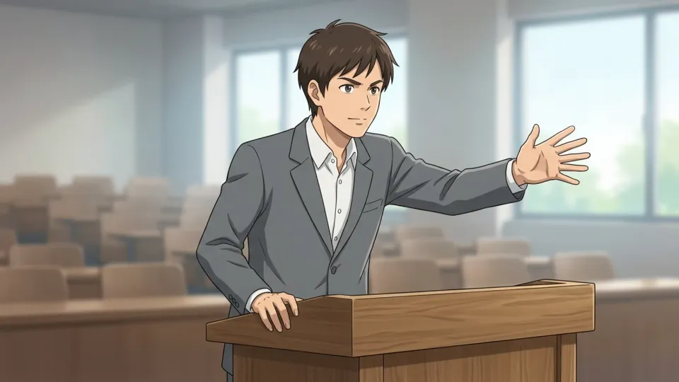 演壇で力強く発言する人物