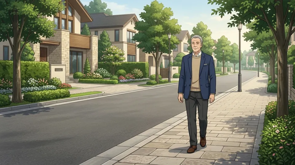 高級住宅街を歩く裕福そうな男性のイラスト