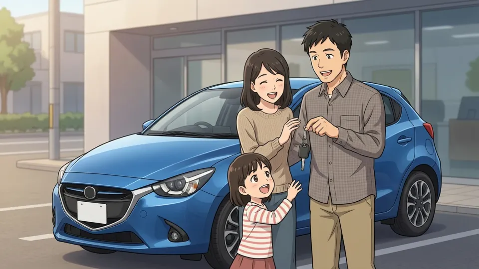 新しい車の前で微笑む家族