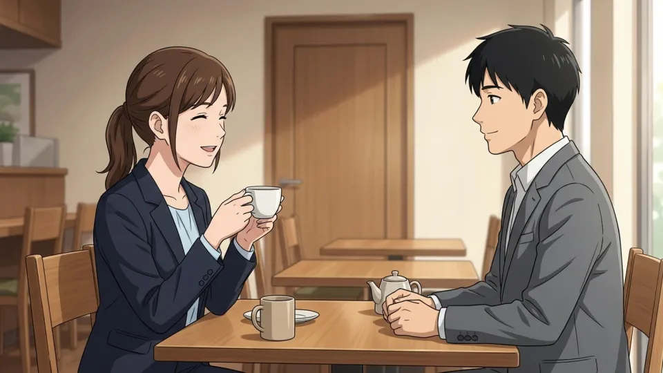 会議のあとにコーヒーを飲む二人