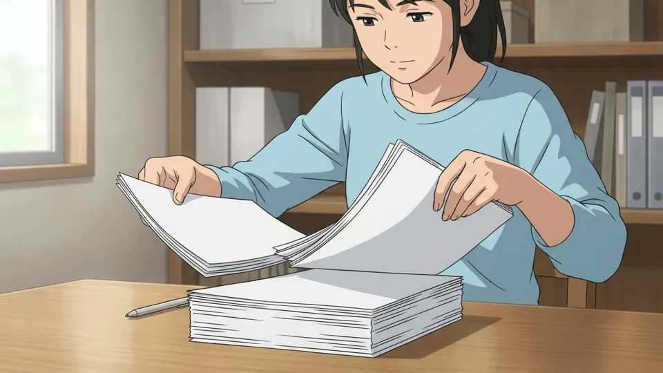 書類を1つに集める人物の手元