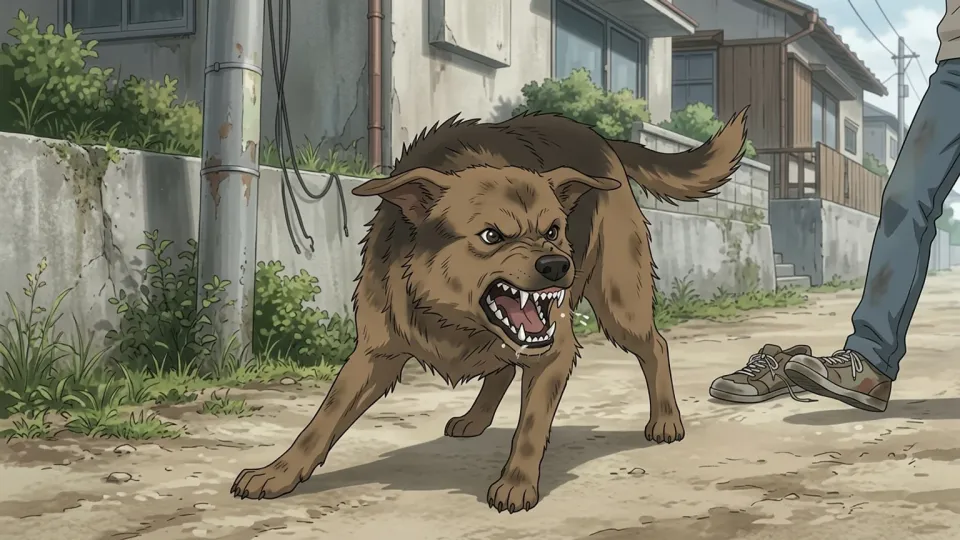牙をむいて威嚇する野良犬のイラスト