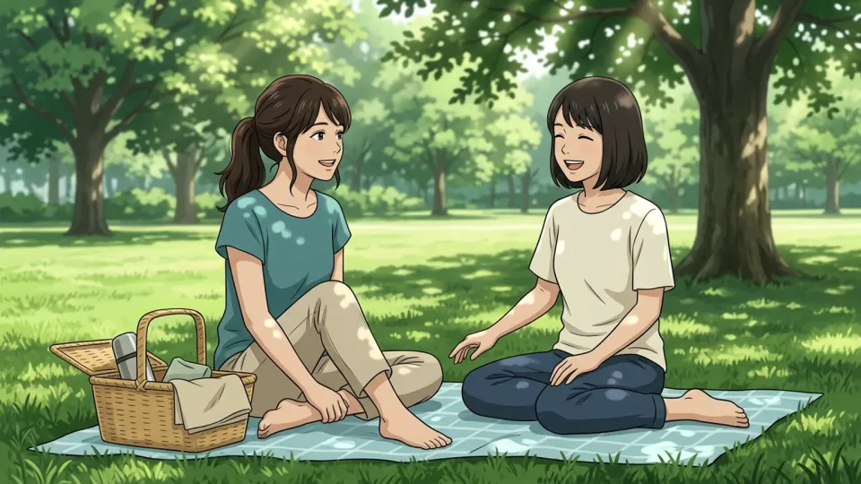 公園の芝生の上で穏やかにくつろぐ二人の人物