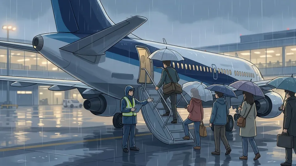 雨の空港で、傘を差した乗客が係員の誘導に従い、駐機中の飛行機の後方ドアから搭乗している様子