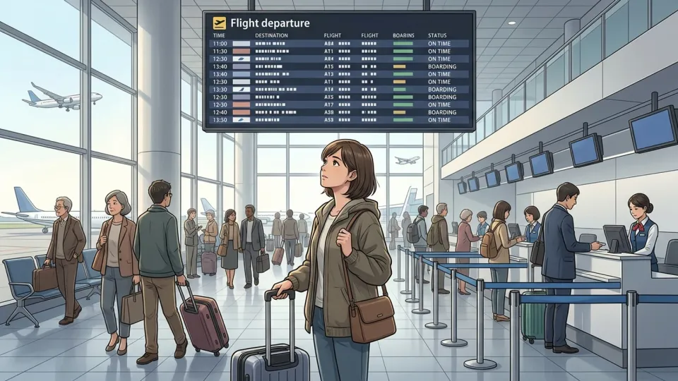 出発便の案内板がある空港ターミナルで、旅行者が時計を確認しながらチェックインカウンターへ向かう様子
