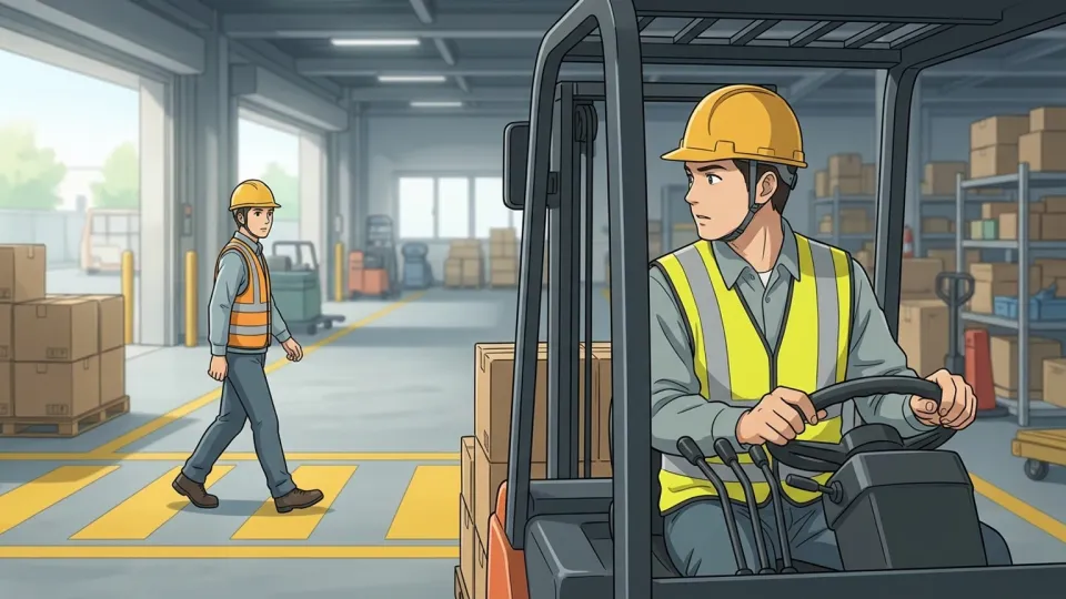 歩行者に注意してフォークリフトを停止する運転者