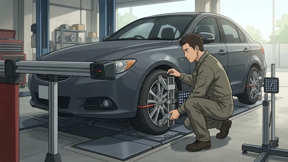 車輪の角度を調節する整備士