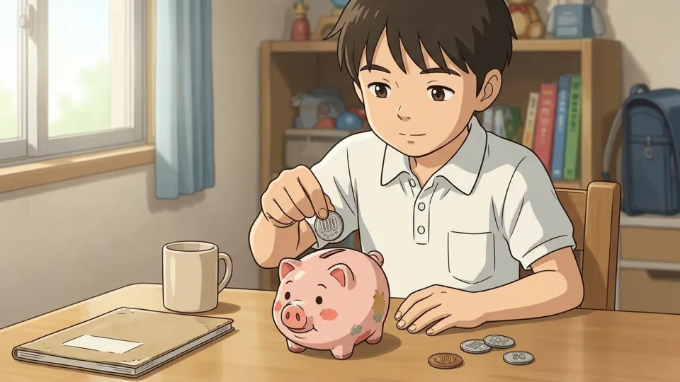 貯金箱にコインを入れる少年