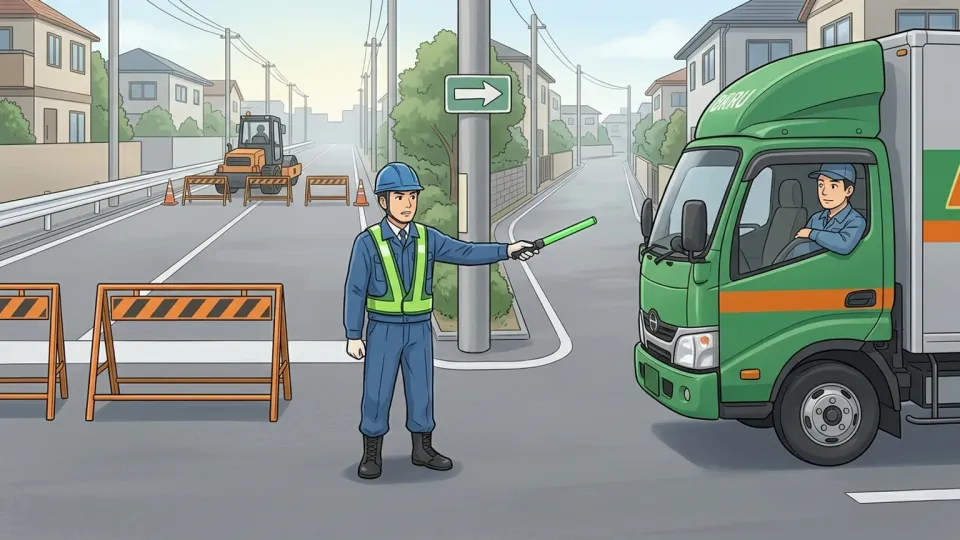 通行止めを避けて代替経路へ進む配送トラック