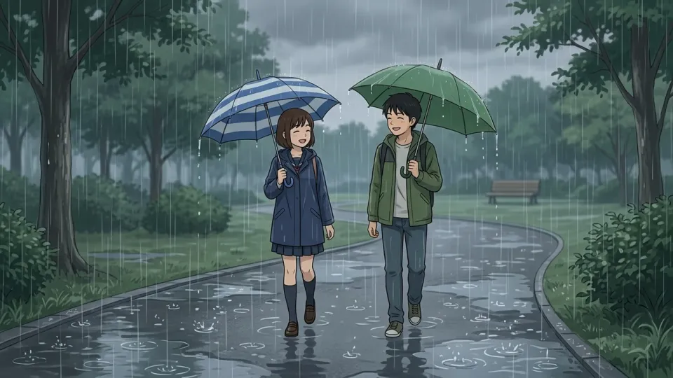雨の中を散歩する二人
