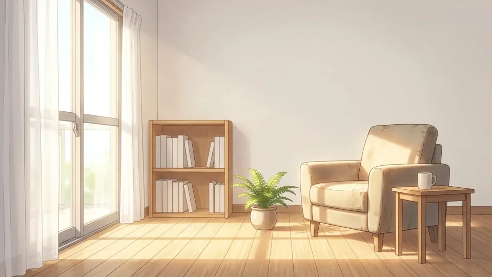 窓から差し込む光が部屋全体を優しく包み込んでいる場面