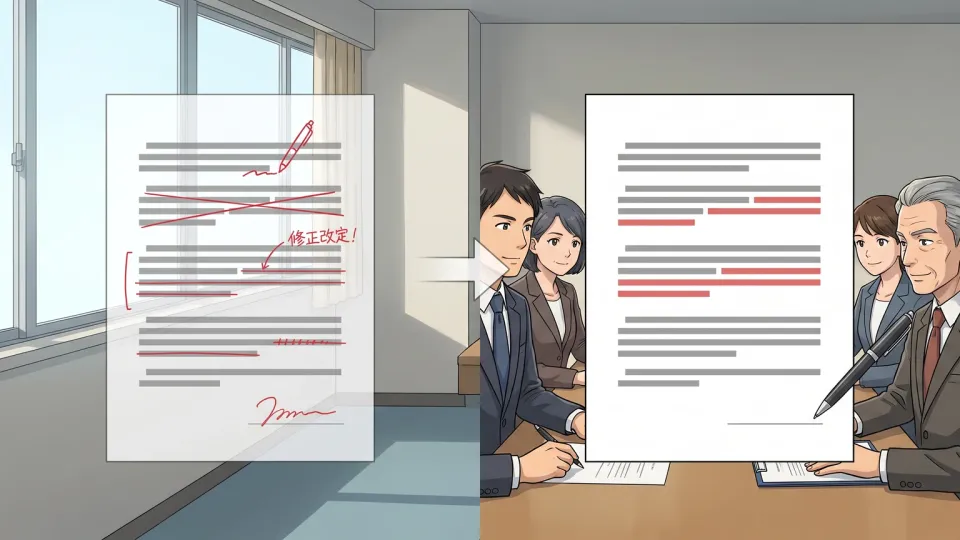 委員が署名前の契約書の修正箇所を確認する場面