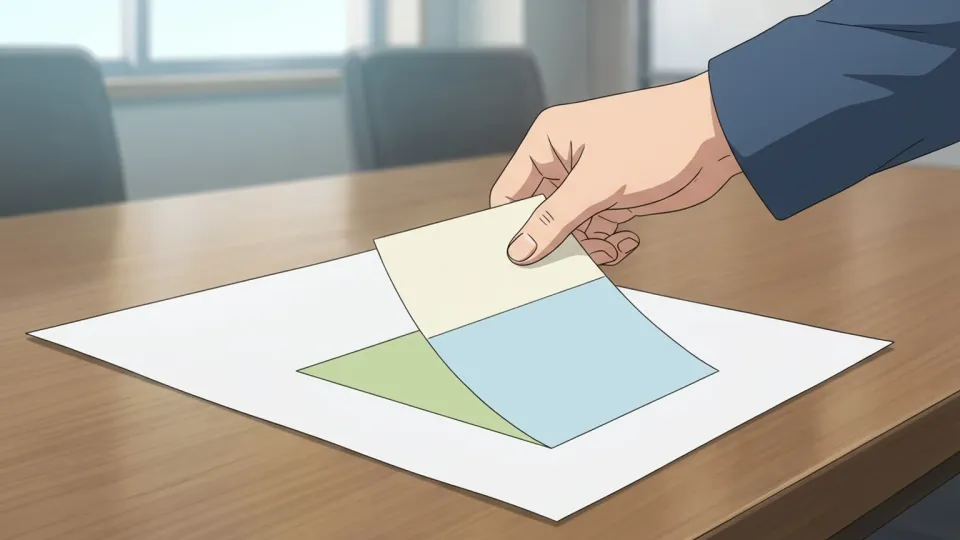 書類に修正のための新しい紙片が重ねられている様子