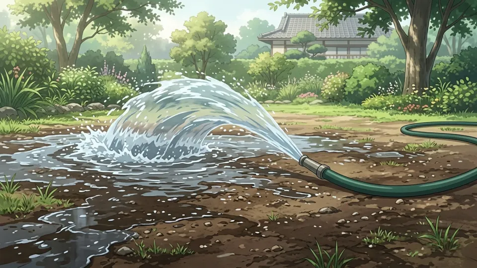 庭で大量の水をまく人
