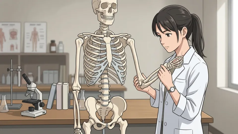 研究室で人体の骨格模型を観察する医学生のイラスト