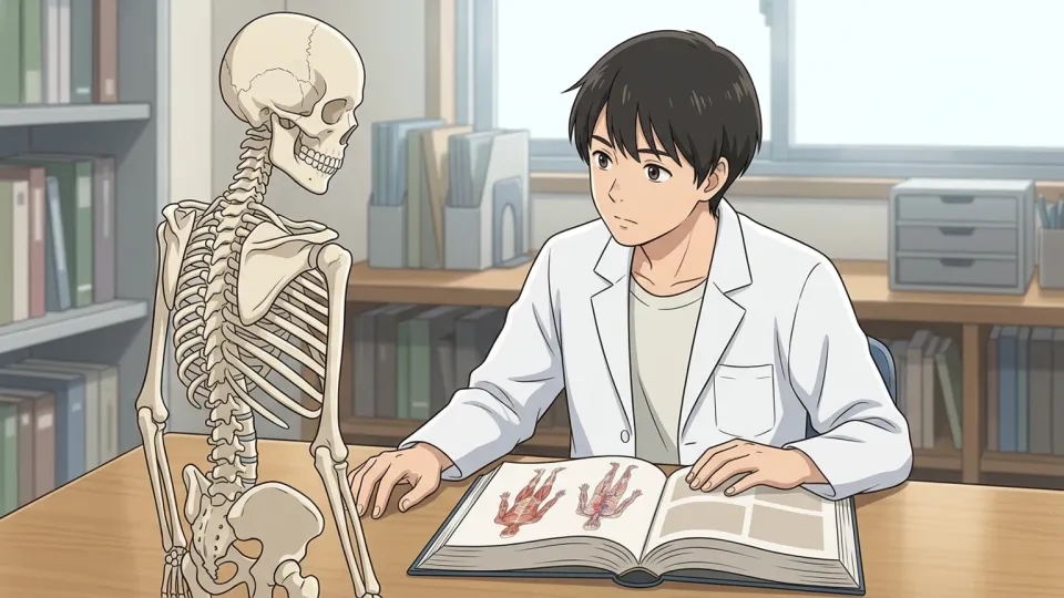 人間の身体の構造を学ぶ学生のイラスト