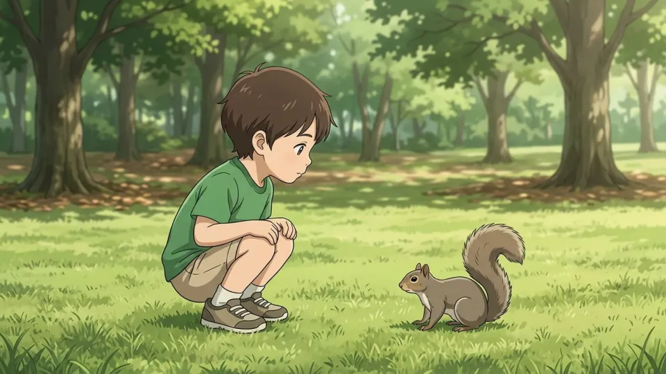 公園で小さな動物を観察する子供