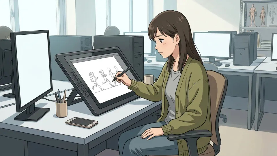 アニメーションの制作を学んでいる学生のイラスト
