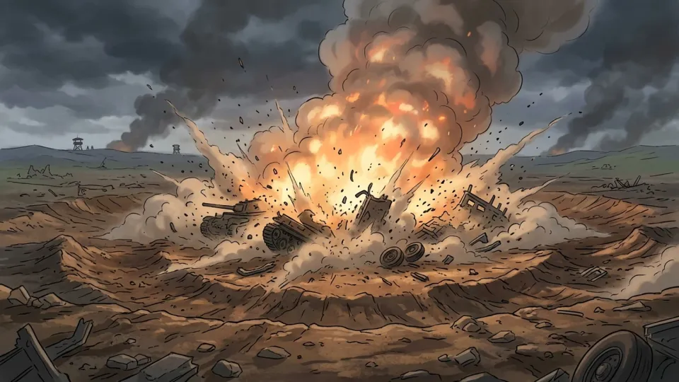 荒れ果てた戦場の瓦礫と煙の情景