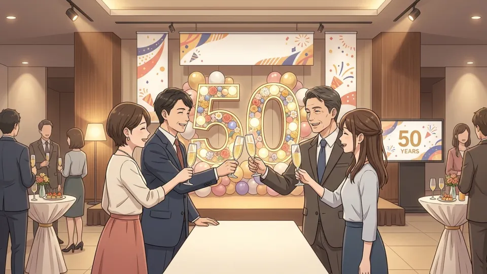 会社の50周年式典で、社員が「50」をかたどった装飾の前で祝いの乾杯をしている様子
