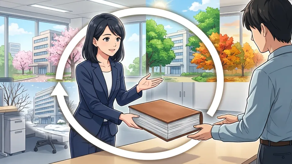 担当者が会社の年次報告書を確認している場面